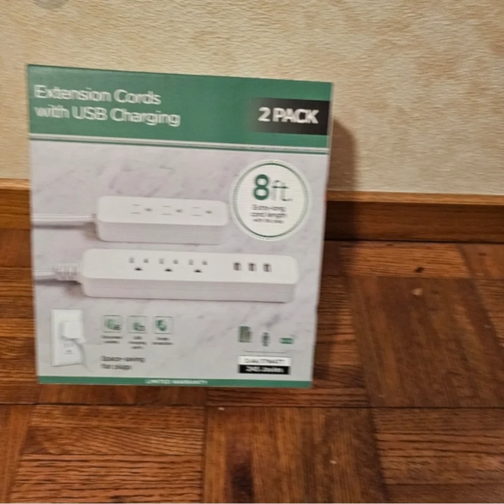 Jasco 2 Pack Extension Cords with USB Charging 8 Ft Extra Long 6 Outlets 3 USB